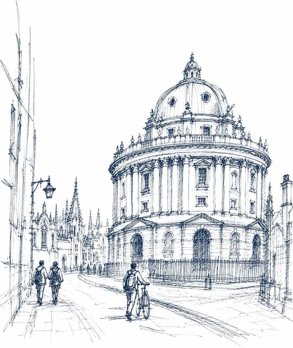 Ink sketch of a university street with students walking past a domed library